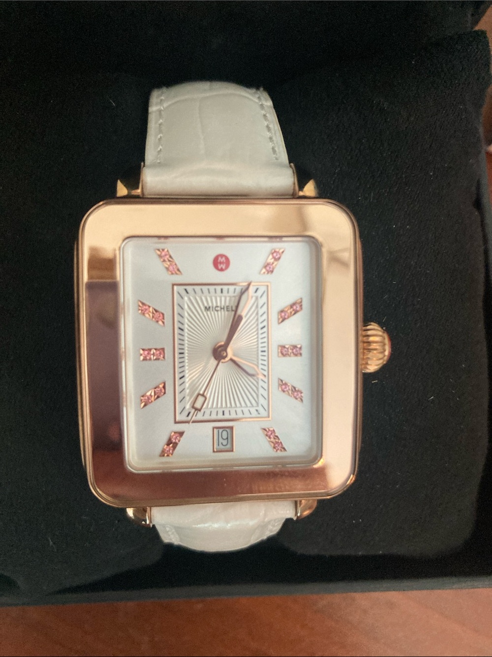 Michele Rose Gold Square Watch with White Strap and Pink Accents - Picture 4 of 15